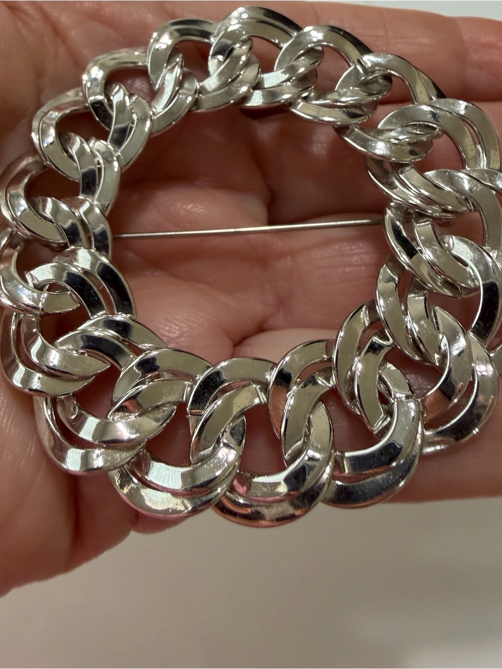 Vintage Monet Silver-Tone Double Curb Chain Link Circular Wreath 4” Brooch